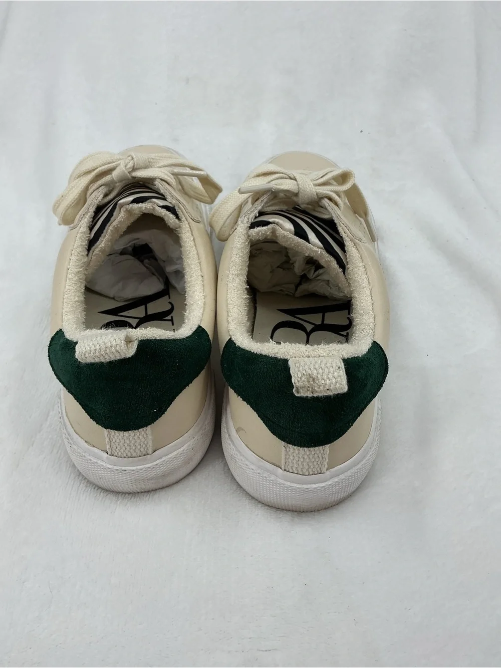 Zara Cream Sneakers with Green Heel and Zebra Tongue B46